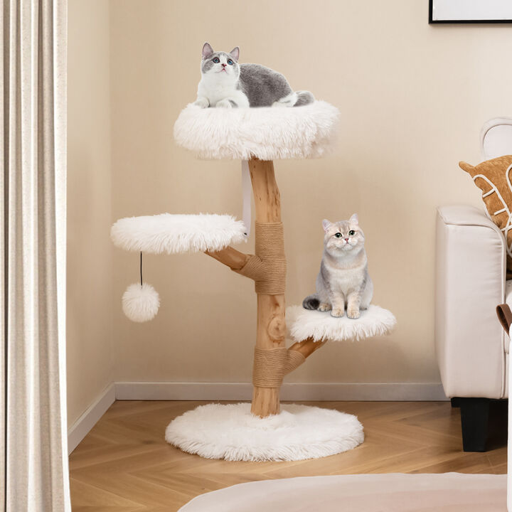 Wooden Cat Tree with Perch and Natural Jute Scratching Posts