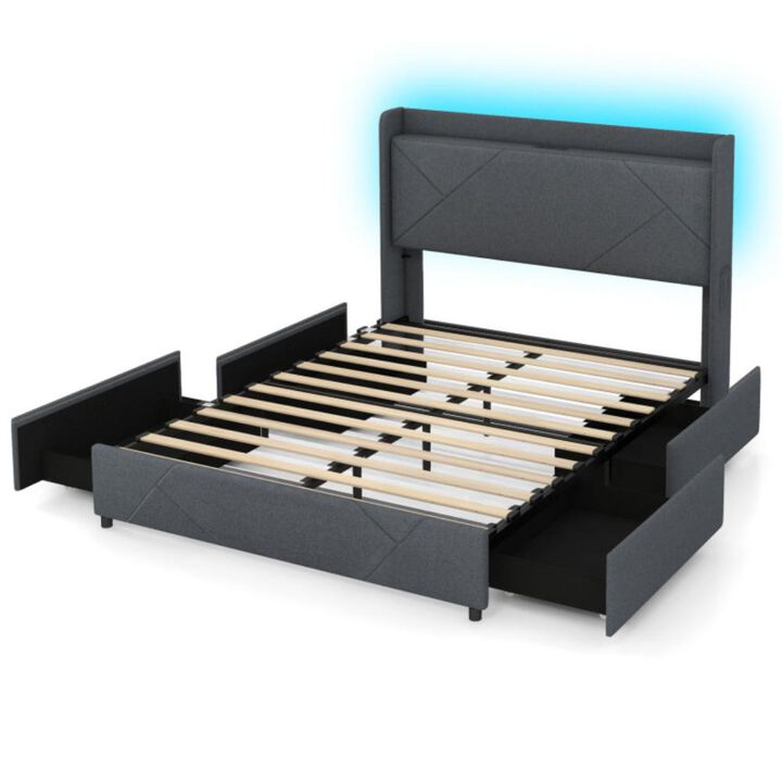 Hivvago Bed Frame with LED Lights and Charging Station-Queen Size
