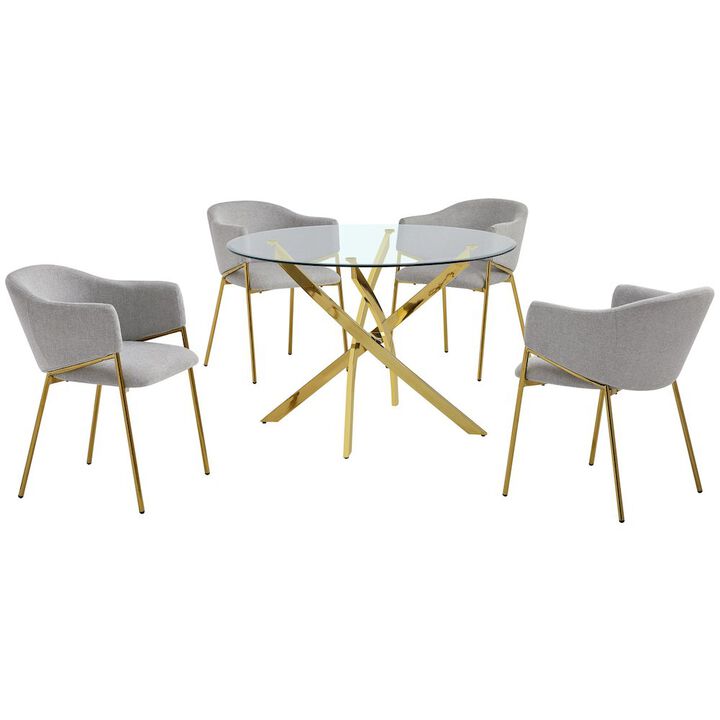 Best Quality Furniture 5Pc Round Glass Dining Table With 4 Gray Side Chairs