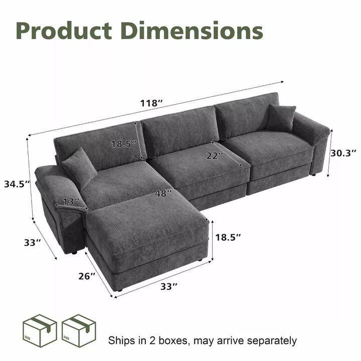 Vipbear 118" Modular L-Shaped Cloud Couch with Movable Ottoman, Chenille Sectional Sofa Living Room