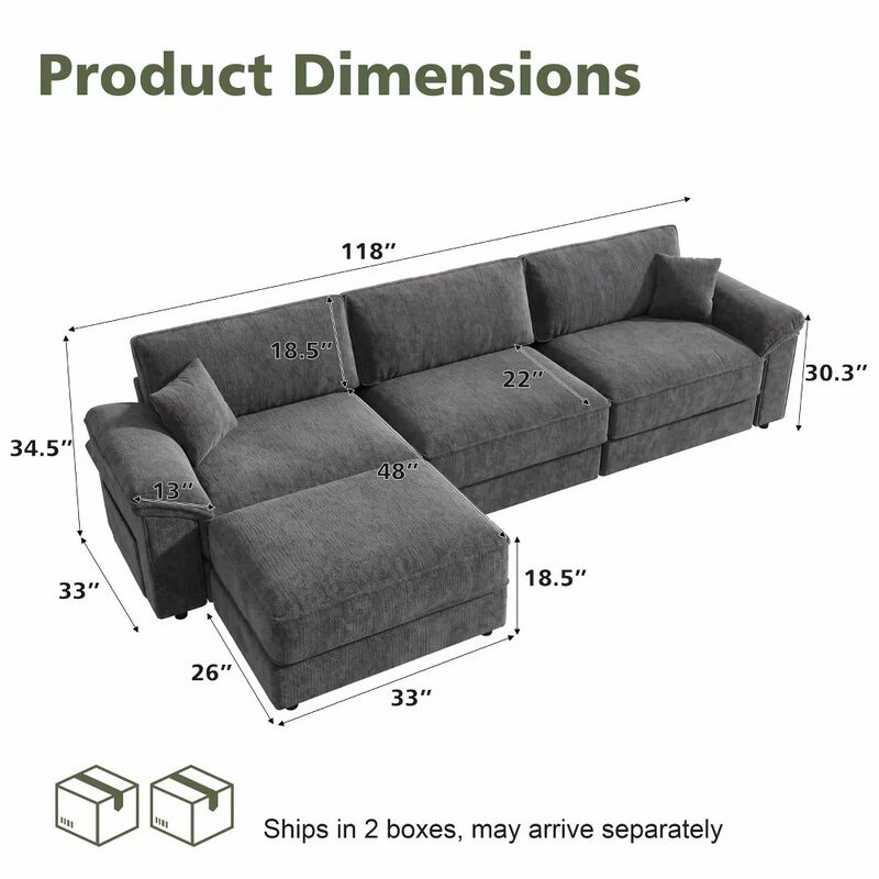 Vipbear 118" Modular L-Shaped Cloud Couch with Movable Ottoman, Chenille Sectional Sofa Living Room image number 1