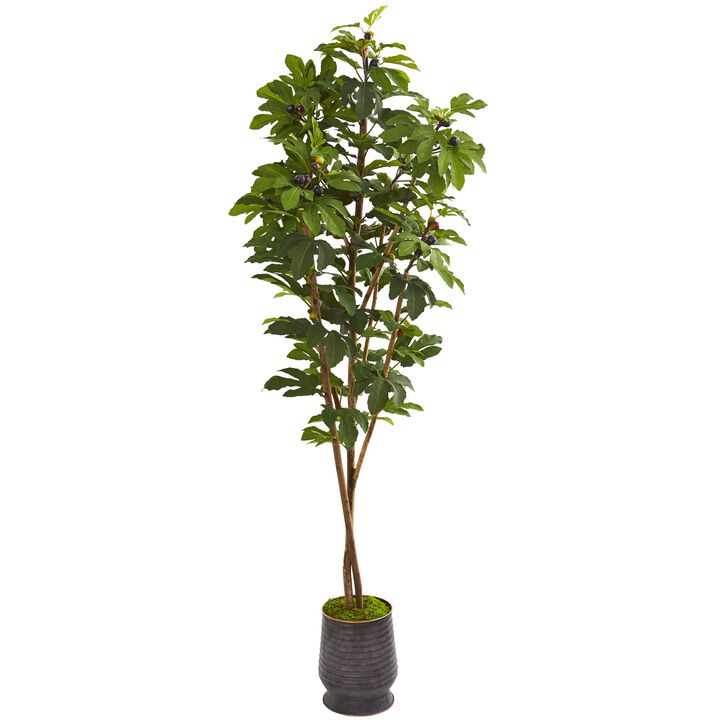 HomPlanti 88 Inches Fig Artificial Tree in Ribbed Metal Planter