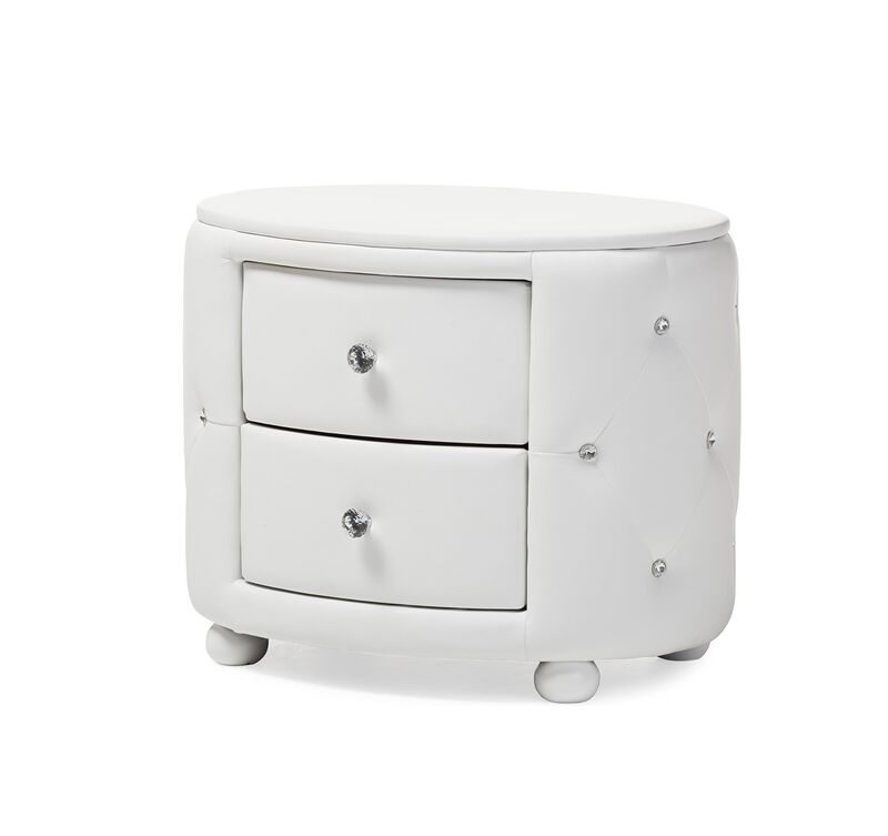 Baxton Studio Glamour Style Oval 2-Drawer White Faux Leather Upholstered Nightstand