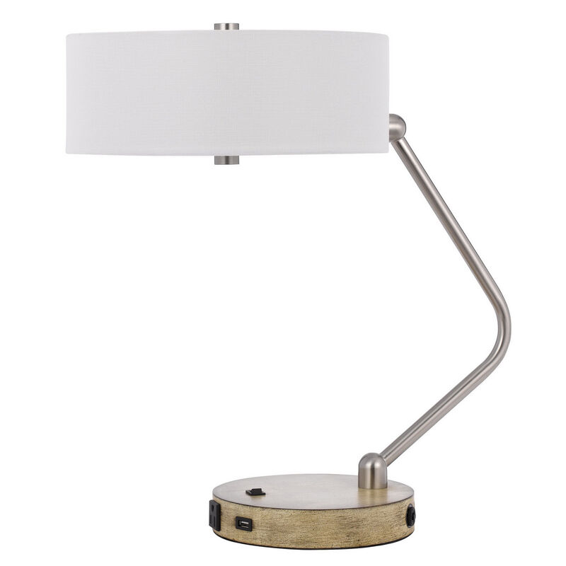 HomeRoots 20" Brown Metal Two Light Lantern Desk USB Table Lamp With White Drum Shade image number 0