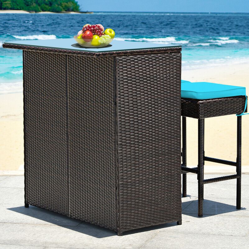 3PCS Patio Rattan Wicker Bar Table Stools Dining Set