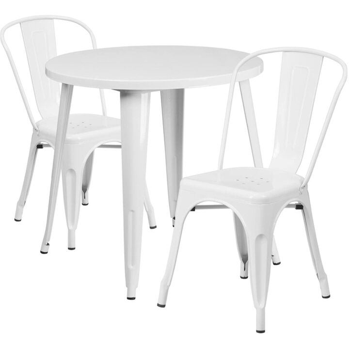 Flash Furniture Commercial Grade 30" Round White Metal Indoor-Outdoor Table Set with 2 Cafe Chairs