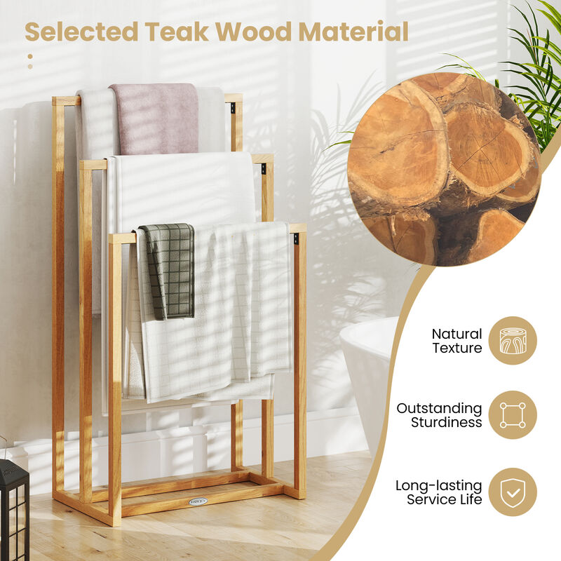 3-Tier Teak Bathroom Towel Holder with Crossbars &ndash; Freestanding Storage Rack image number 6