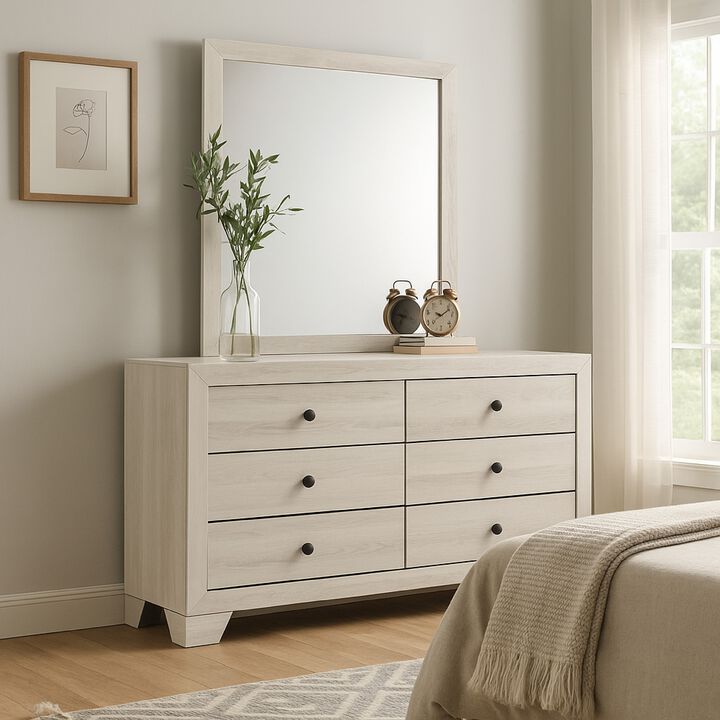 Cuzzy Wide Dresser and Mirror Set with 6 Drawers, White Wood
