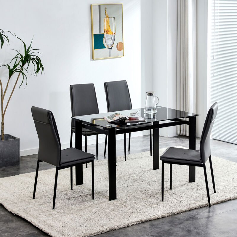 5 Pieces Dining Table Set for 4, Kitchen Room Tempered Glass Dining Table, 4 Faux Leather Chairs