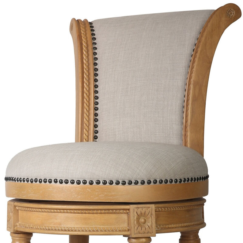 HomeRoots 30" Beige and Natural Fabric and Solid Wood Bar Height Swivel Bar Chair image number 5