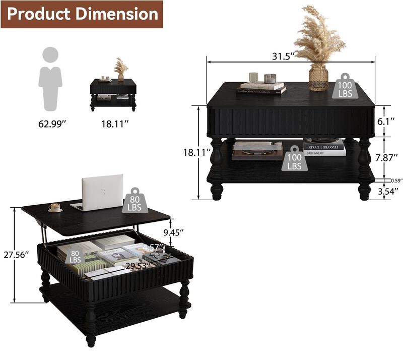 31.5 Inch Modern Square Lift-Top Coffee Table with Hidden Storage Tray, Fluted Wood Design, Wooden Living Room Center Table image number 8