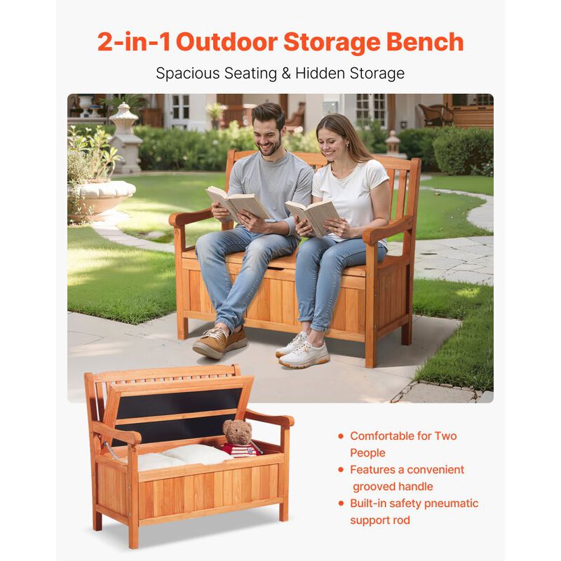 Outdoor Storage Bench, 2-Person Wooden Deck Box with Side Handles, Weatherproof image number 6