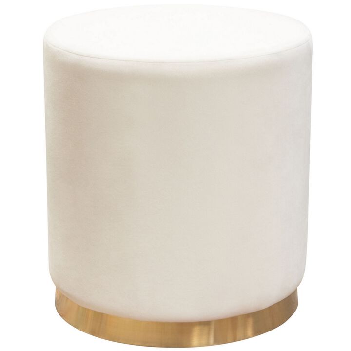 Himo 19 Inch Round Padded Ottoman, Gold Metal Base, Cream Velvet Upholstery