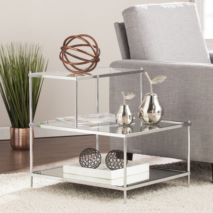 Homezia 24" Silver And Clear Glass Tiered Rectangular End Table