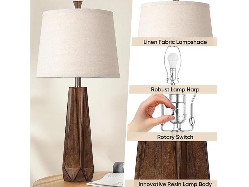 27" Table Lamp Set of 2 &ndash; Wood Grain Resin Base, Linen Shade, 3-Color LED