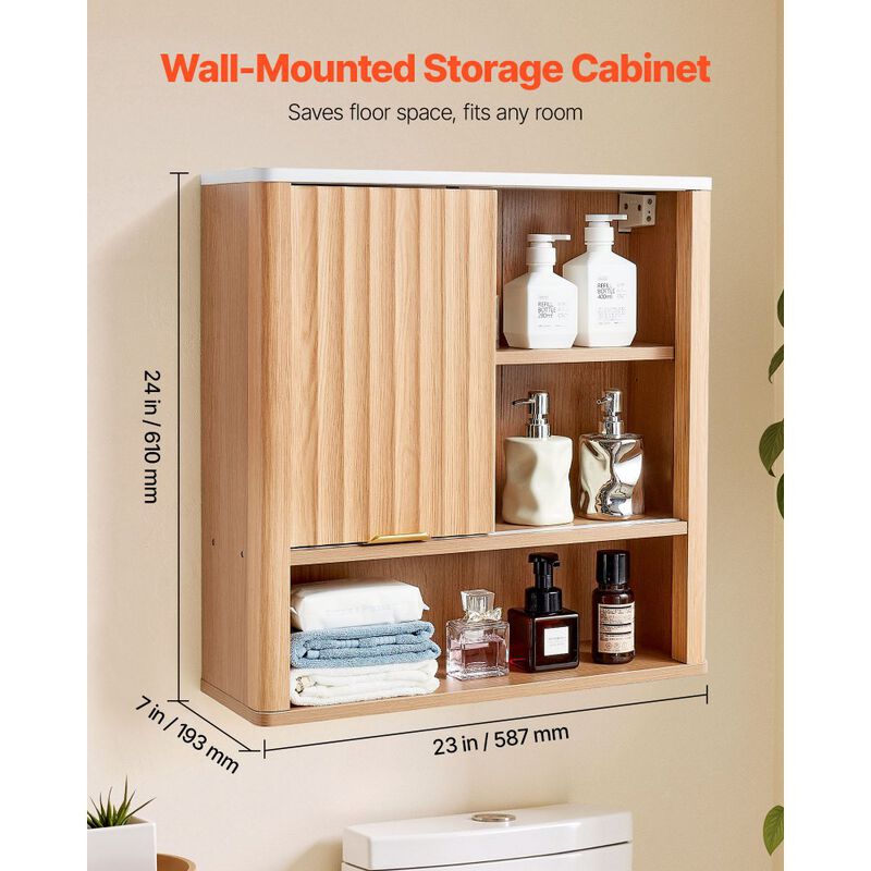 Wall Mounted Medicine Cabinet with Door, Adjustable Shelf and Open Compartments-Brown image number 2