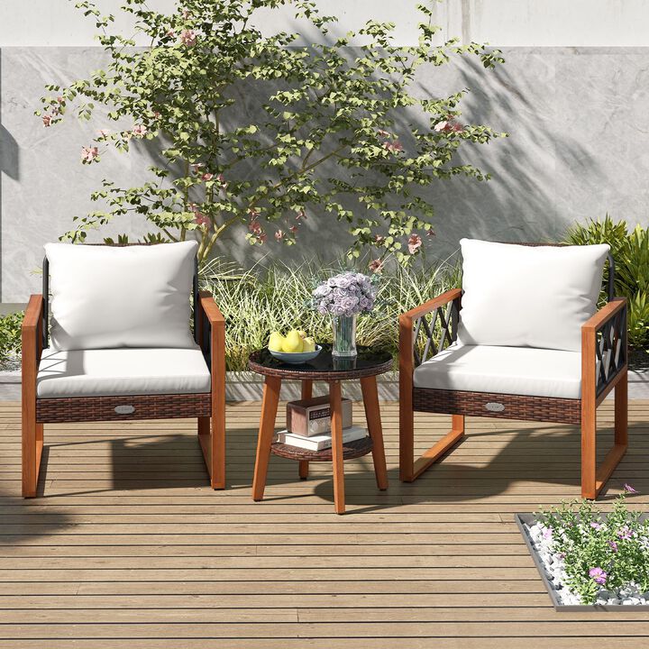 Outdoor 3 Piece Patio Furniture Set with Cushions and Tempered Glass Top Table-Off White