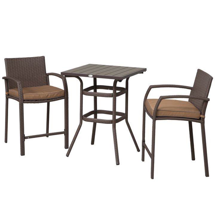 3 PCS Rattan Wicker Bar Set with Wood Grain Top Table and 2 Bar Stools for Outdoor, Patio, Poolside, Garden, Brown