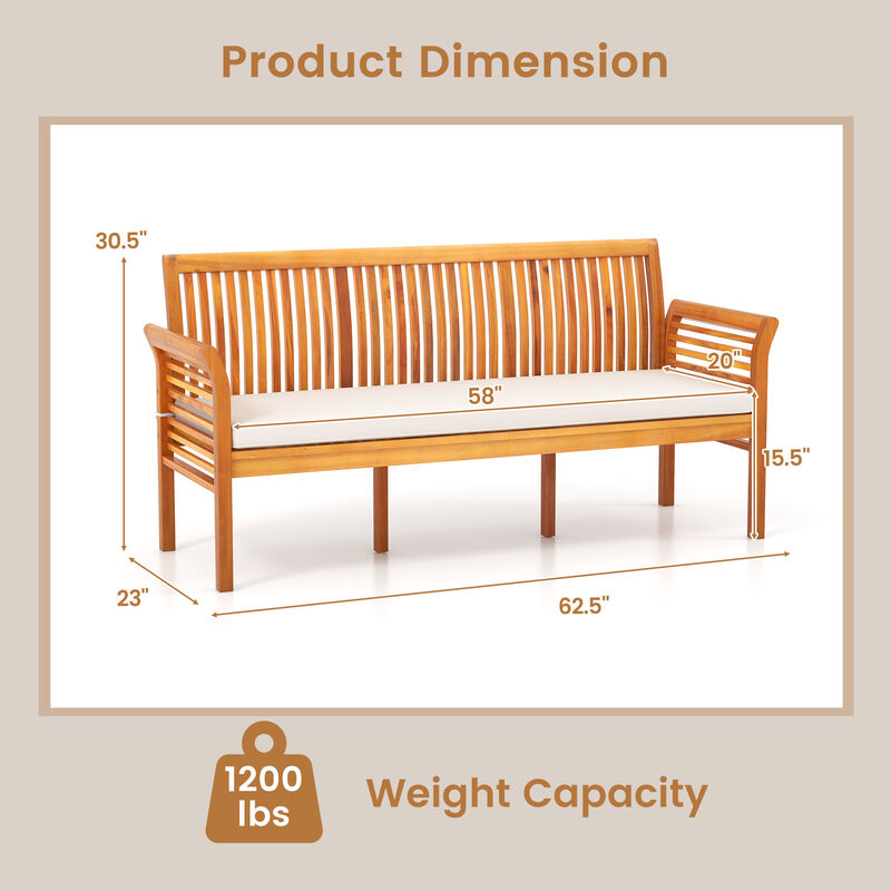 Patio 3-Seat Wooden Bench with Soft Cushions for Comfortable Outdoor Seating