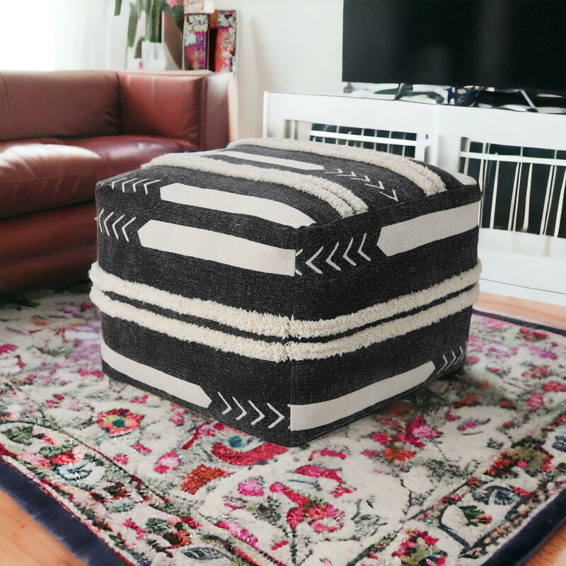 Decorative Cotton Pouf Ottoman – Geometric Upholstered Ottoman for Lounge