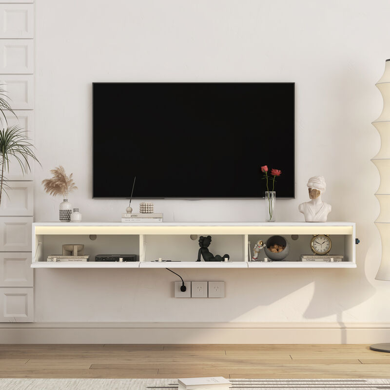 GOODSILO Floating TV Stand with LED Lights and Power Outlet, High Gloss Wall Mounted Storage Cabinet for Living Room Entertainment image number 4