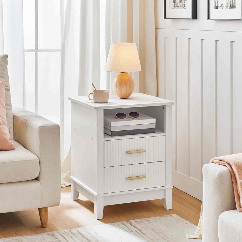 Nightstand with 2 Drawers, LED Light Strip and Storage End Table -White image number 7
