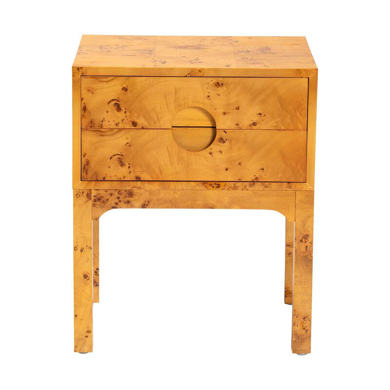 bali & pari Kayla Modern and Contemporary Natural Light Mappa Burl Wood 2 Drawer Nightstand