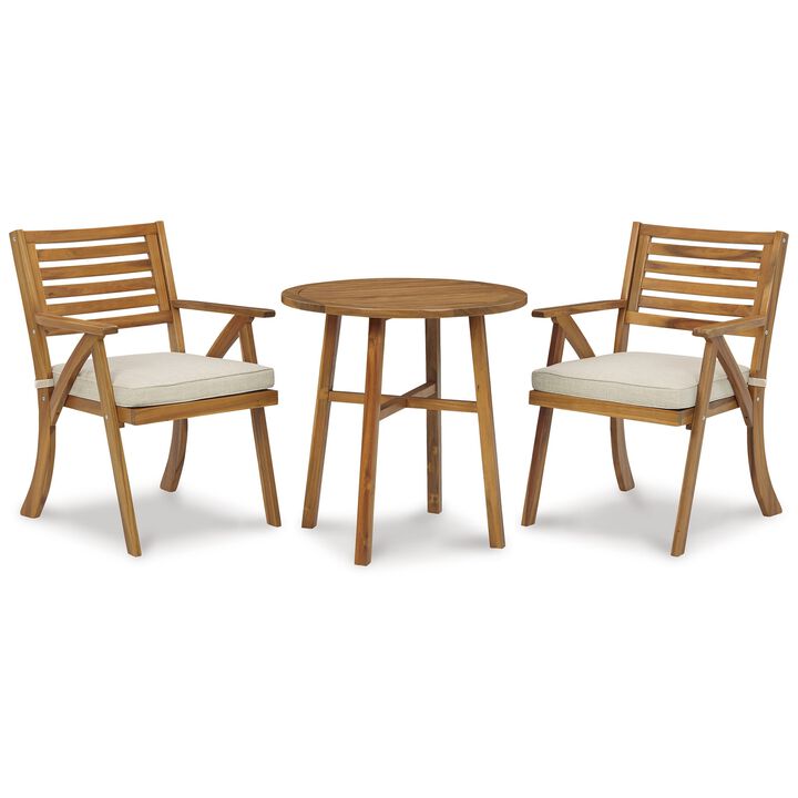 3 Piece Outdoor Chair and Table Patio Set, Brown Acacia Wood, Slatted Back-Benzara