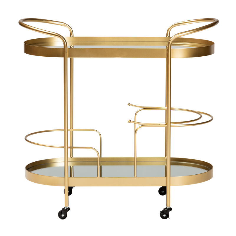 Baxton Studio Kamal Glam Brushed Gold Finished Metal 2 Tier Mobile Wine Bar Cart