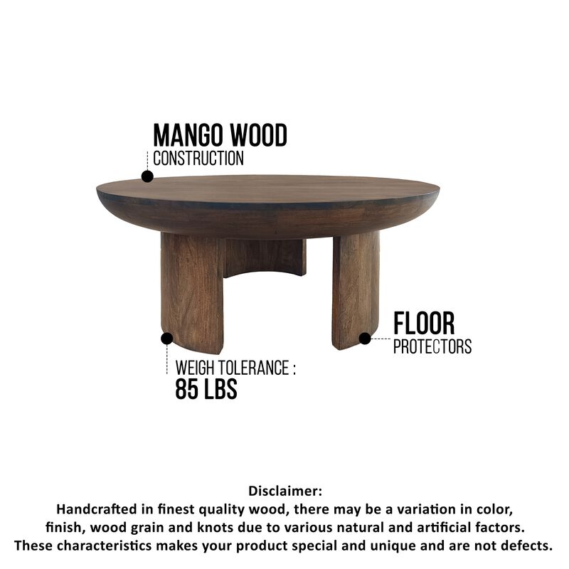 35 Inch Coffee Table, Handcrafted Round Mango Wood Top, Modern Curved Tripod Legs, Walnut Brown
