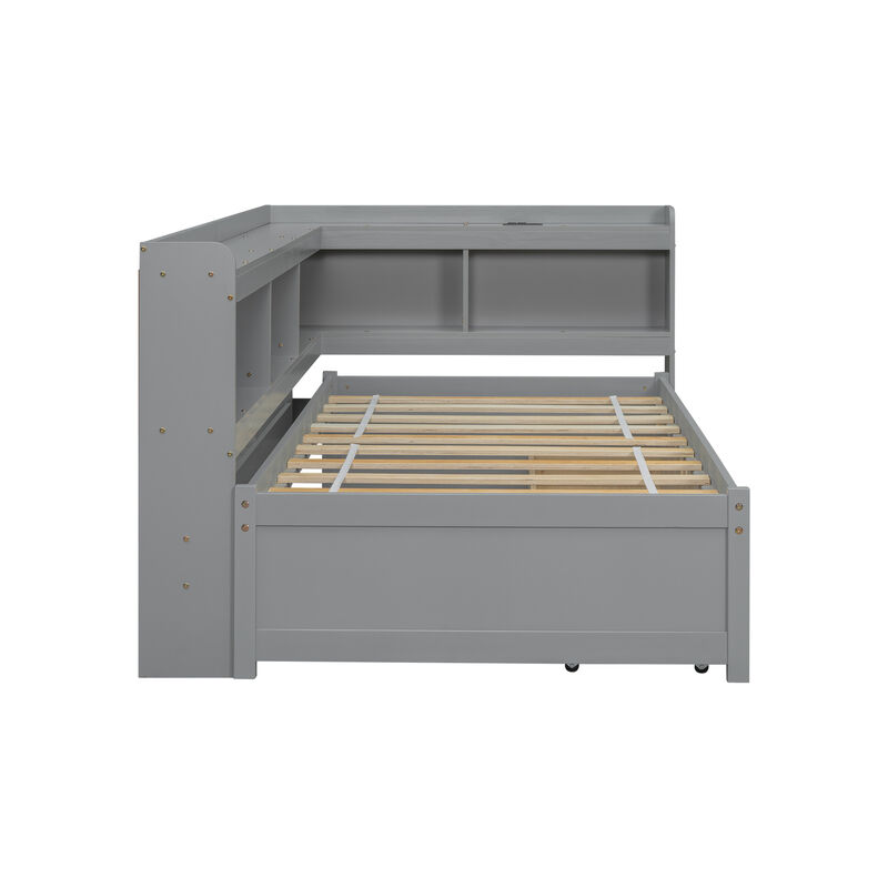 Whisen Twin Size L-shaped Bookcases Bed with Power Outlets, USB Charging Ports,Two Drawers-Grey