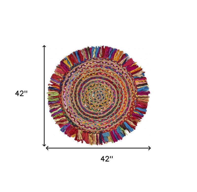 HomeRoots Abstract Geometric Hand Woven Round Rug With Fringe image number 2