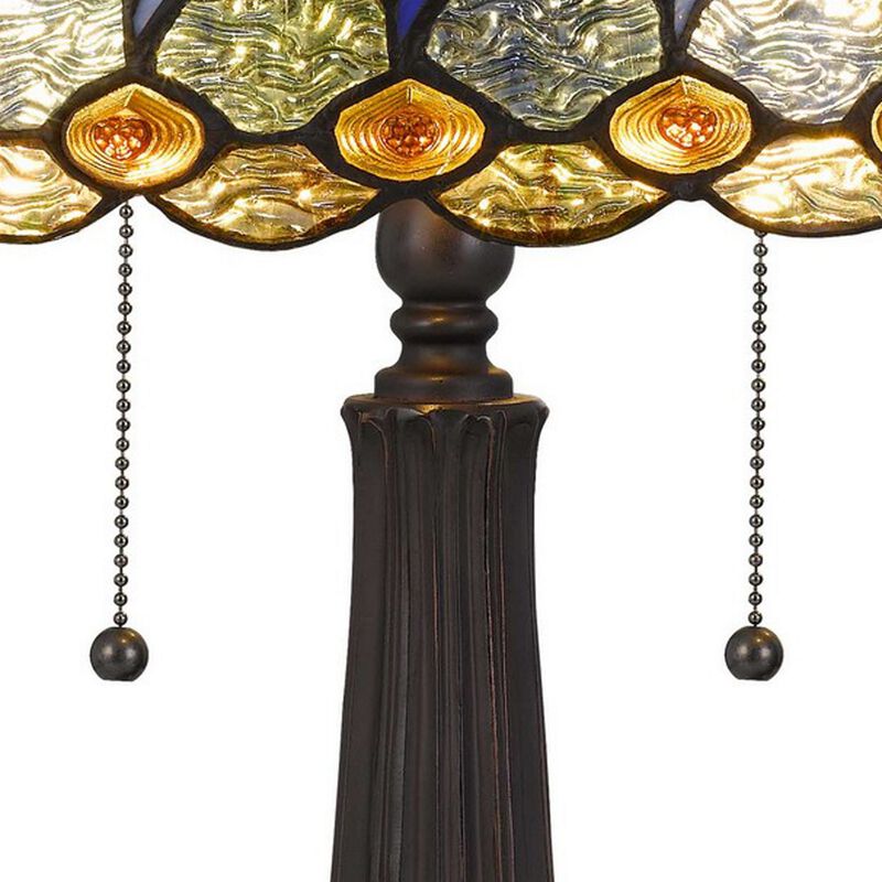 120 Watt Tiffany Table Lamp with Engraved Base, Multicolor - Benzara