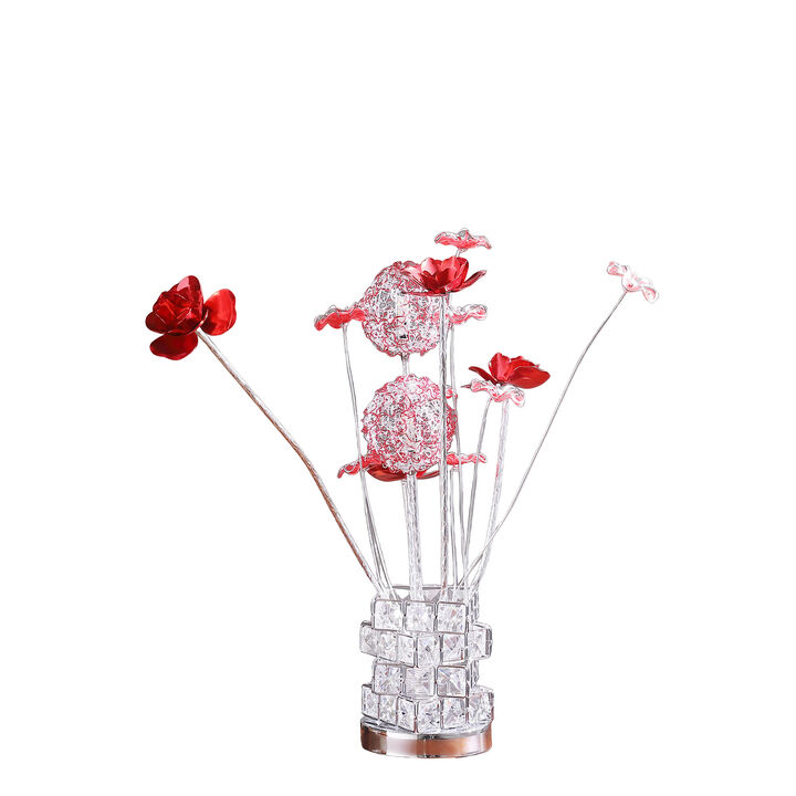 HomeRoots 21" Silver and Clear Metal and Faux Crystal Geometric And Roses Bedside Lamp