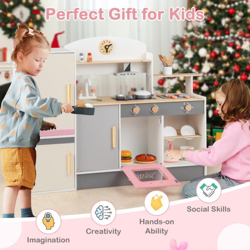 Hivvago Kids Play Kitchen Set with Realistic Range Hood and Refrigerator