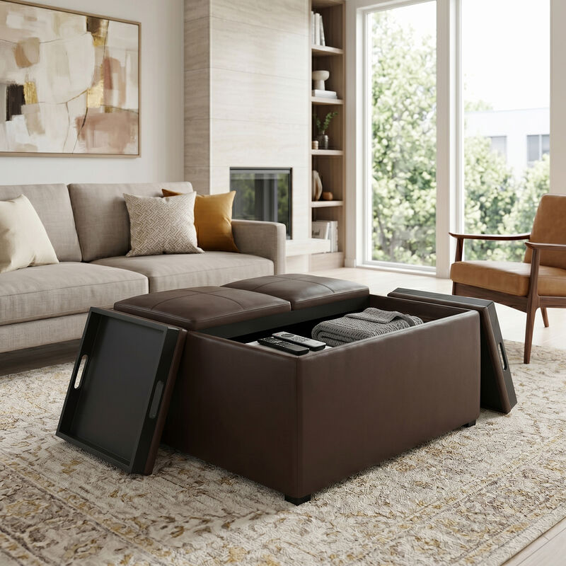 Avalon 35 inch Wide Contemporary Square Coffee Table Storage Ottoman in Chocolate Brown Vegan Faux Leather, Assembled image number 9