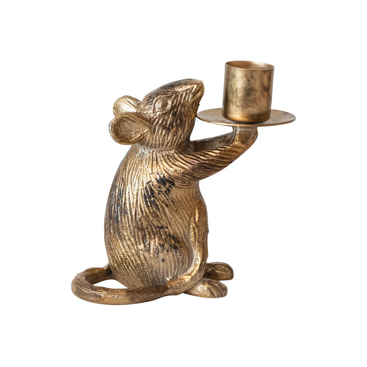 Cast Aluminum Mouse Taper Candleholder, Antique Gold Finish