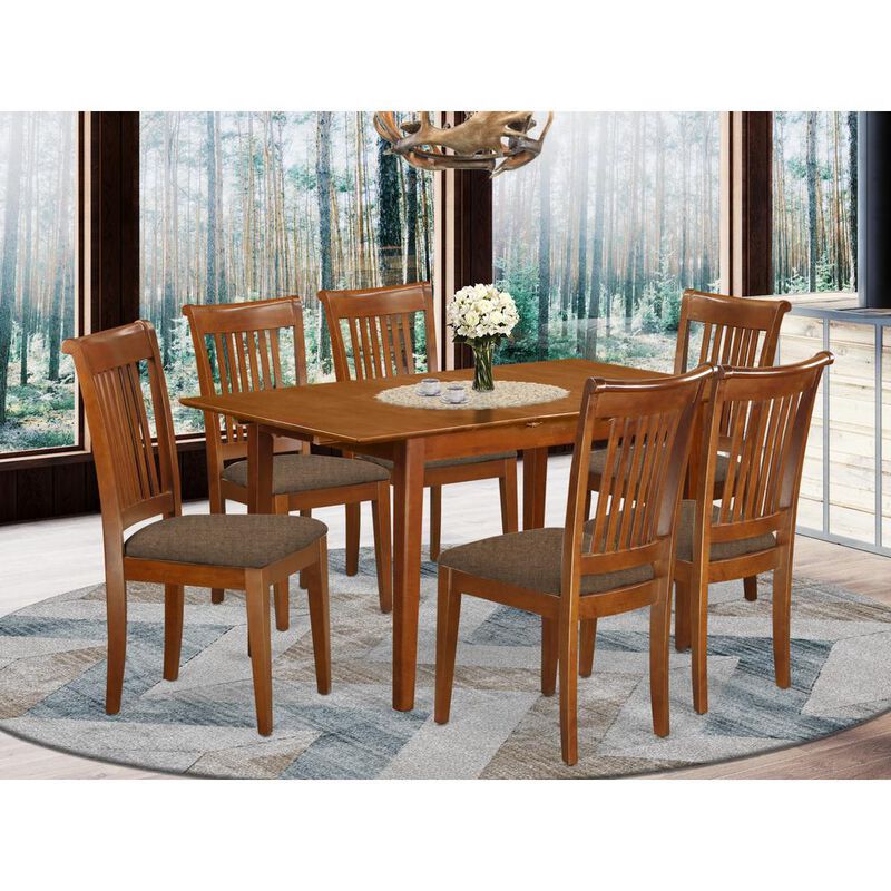 7 Pc set Rectangular Kitchen Table featuring 12" Leaf and 6Fabric Kitchen Chairs in Saddle Brown