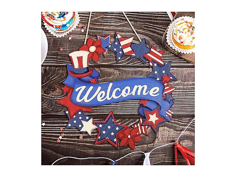 4th July Decor Wood Welcome Sign American Flag Star Wreath Outdoor Wall Hanging image number 3