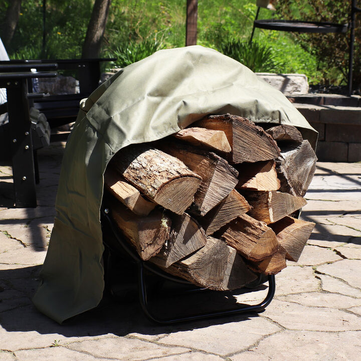Sunnydaze 24 in Powder-Coated Steel Firewood Log Hoop Rack with Khaki Cover