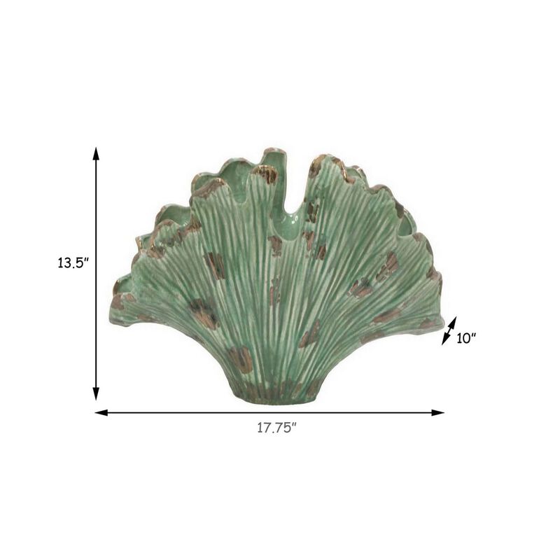 18 Inch Accent Vase, Intricate Kelp Design, Green Ceramic, Brown Accents - Benzara