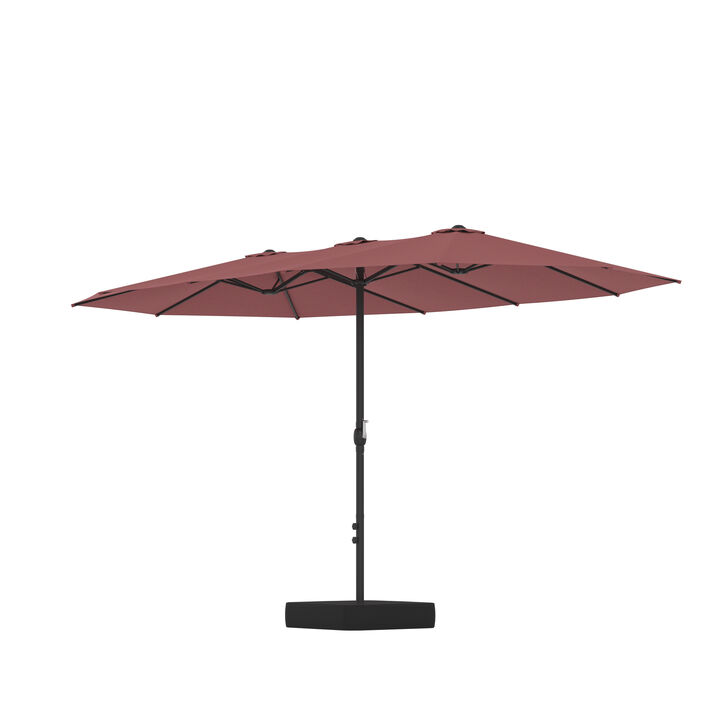 FUFU&GAGA Double-Head Patio Umbrella with Sandbag Base Crank Lift and Polyester Canopy 15ft x 9ft x 8ft Wine Red
