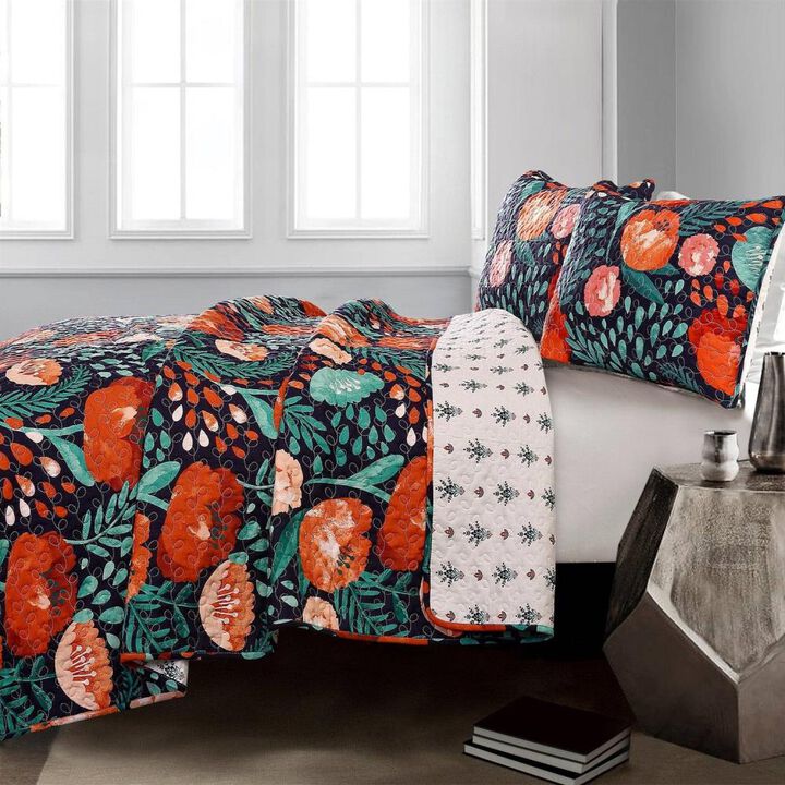 Hivvago Floral Red Poppy Navy Teal Lightweight 3 Piece Cotton Quilt Set