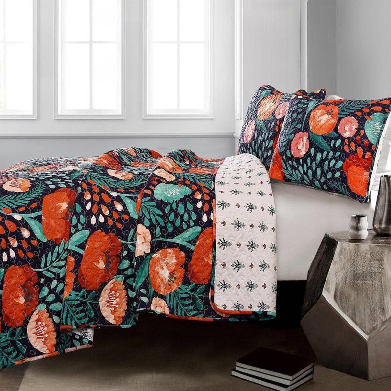Hivvago Floral Red Poppy Navy Teal Lightweight 3 Piece Cotton Quilt Set