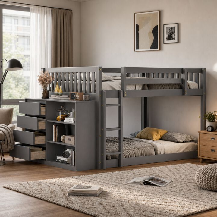 Whisen 92.4"x57" Full over Full Bunk Bed with 4 Drawers 3 Shelves, Solid Wood for Kids Bedroom