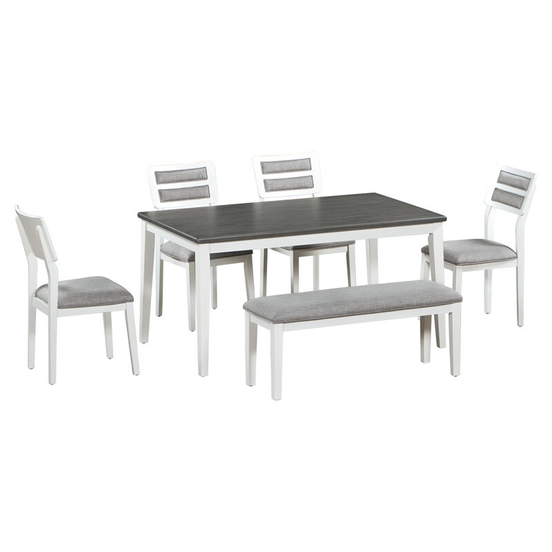 Whisen Classic and Traditional Style 6-Piece Dining Set with 4 Upholstered Chairs and Bench - White&Gray