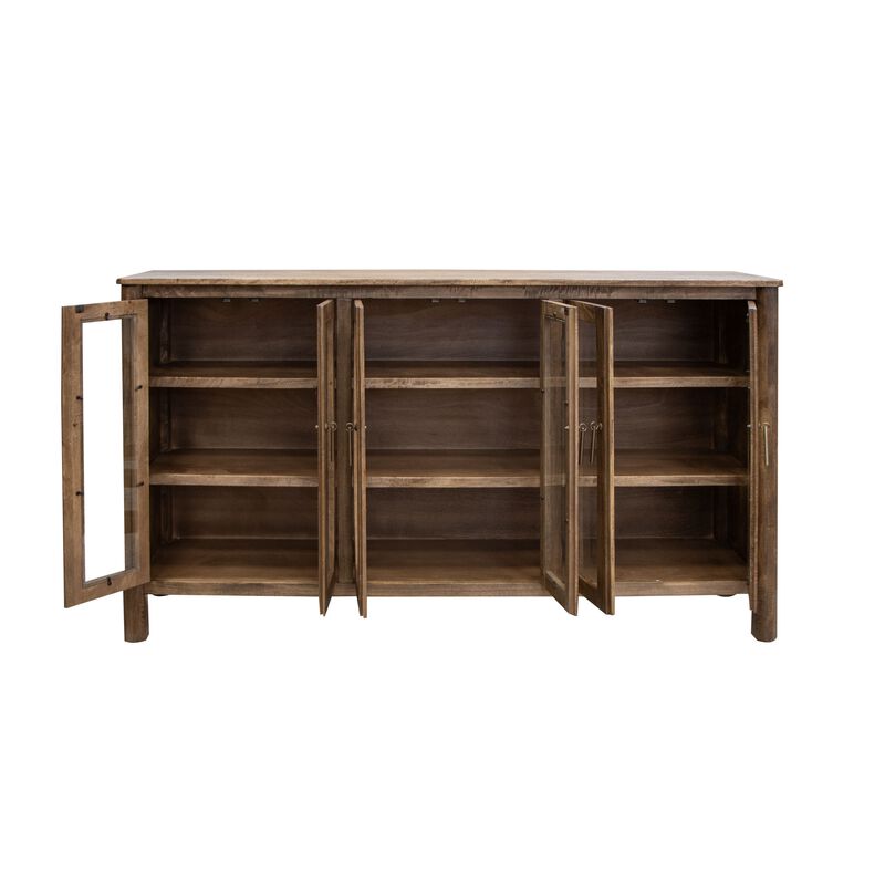 Olum 73 Inch Sideboard Console, Glass Doors, 2 Tiers, Brown Solid Wood - Benzara