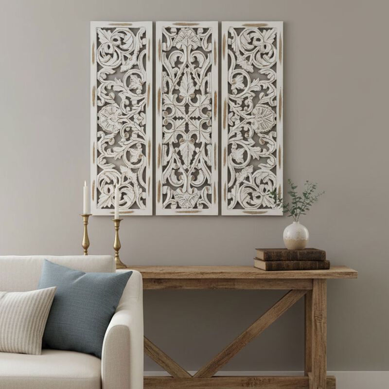 Leva 3pc Wood Wall Decor Set, Moroccan Floral Carving, Antique White Finish, 36 Inch Square image number 9