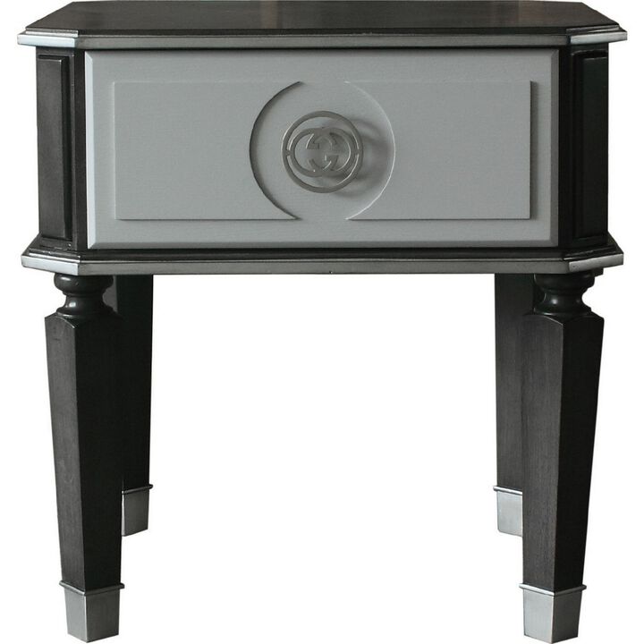 MDF End Table with 1 Drawer and Turned Tapered Legs, Gray and Silver-Benzara