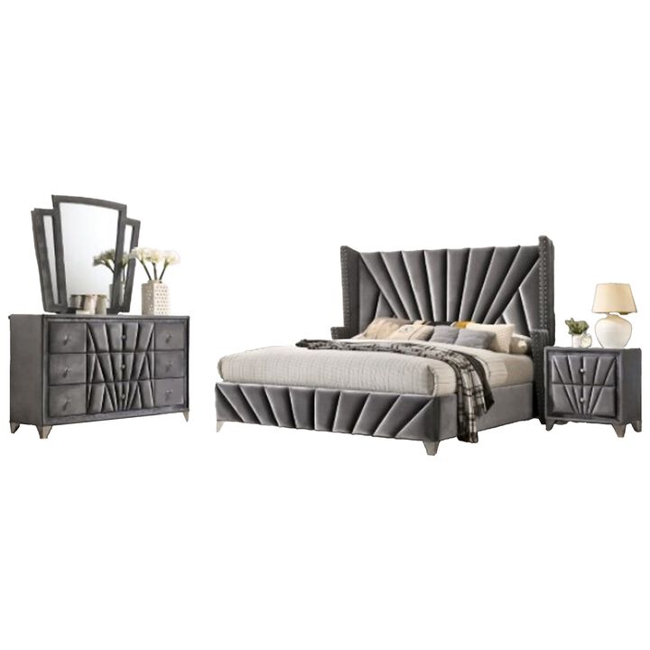 Ino 4pc Queen Bedroom Set with Wingback Headboard, Gray Upholstery